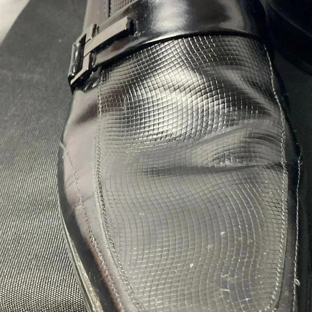 STACY ADAMS MENS SIZE 8 BLACK‎ LEATHER LOAFER SHOES SILVER BUCKLE ACCENT